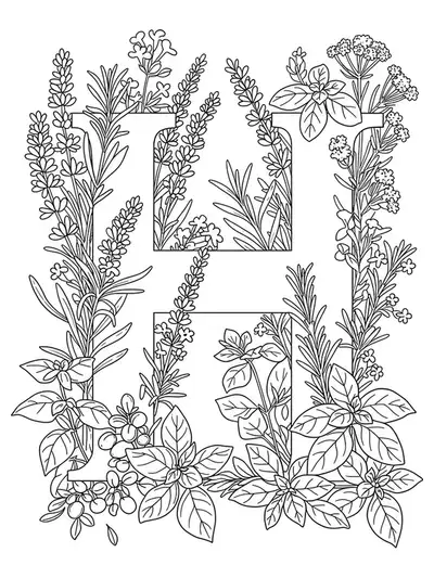 Botanical herb-themed letter H with sprigs of lavender, rosemary, and basil for adult coloring.