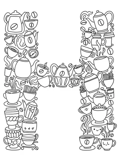 Easy letter H with coffee cups and tea pots, ideal for adult coloring.