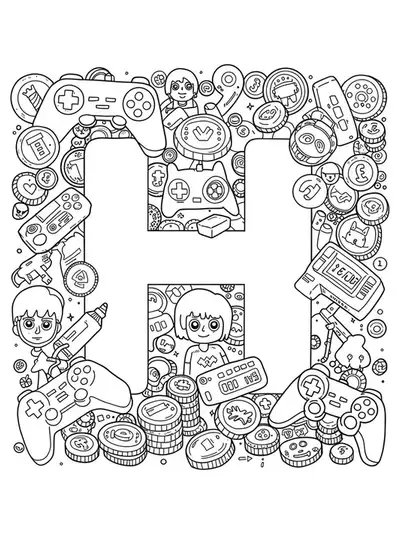 Letter H with gaming controllers, pixel art, coins, and avatars in black and white medium-detail line art