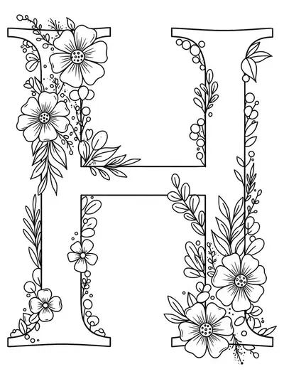 Letter H with simple floral borders, featuring large flowers and leaves for easy adult coloring.