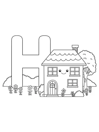 Coloring page of letter H with a house, flowers, and tree for preschoolers.