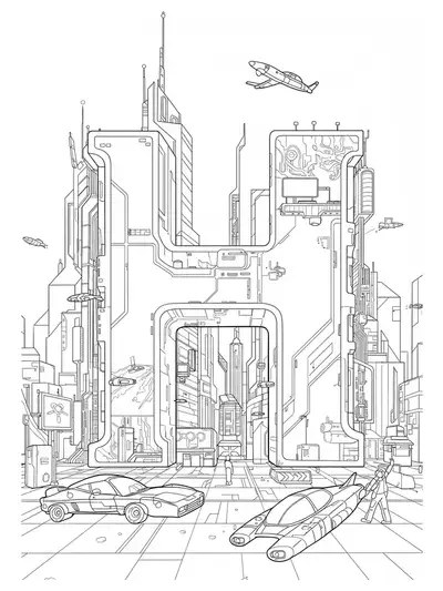 Letter H in a futuristic cityscape with skyscrapers, flying cars, and billboards, black and white line art