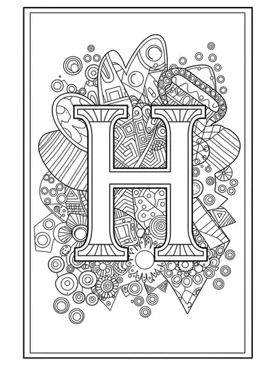 Printable letter H with simple geometric shapes and patterns for easy adult coloring.