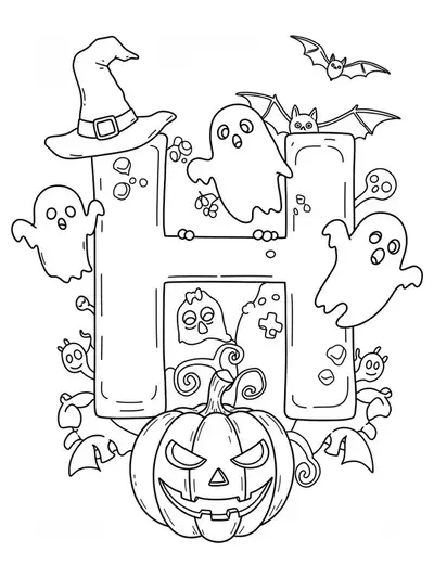 Coloring page of letter H with Halloween elements like ghosts, pumpkins, and bats for preschoolers.