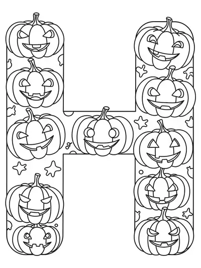 large letter H with happy Jack-o'-lantern pumpkins around it, simple preschool coloring page