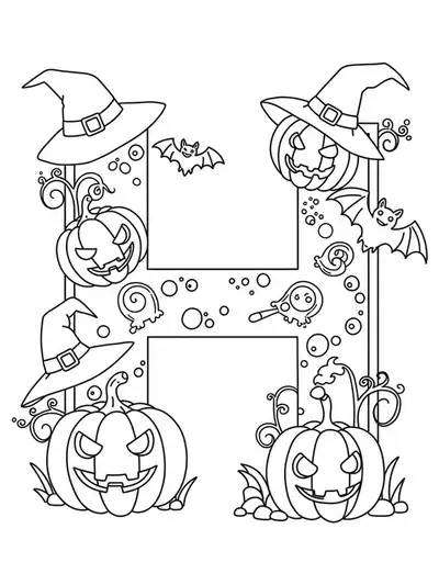 Easy coloring page featuring the letter H decorated with Halloween pumpkins and bats.