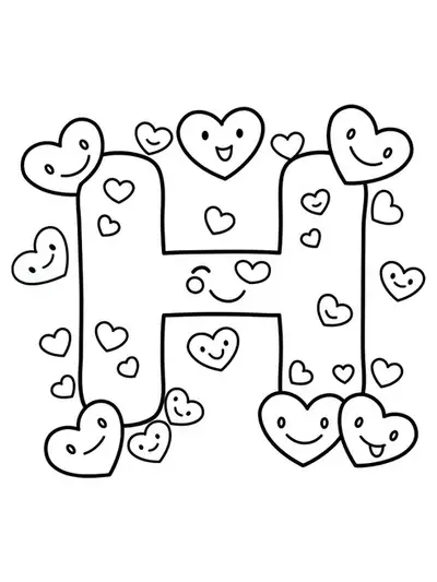 large letter H surrounded by smiling hearts, easy coloring page for preschool