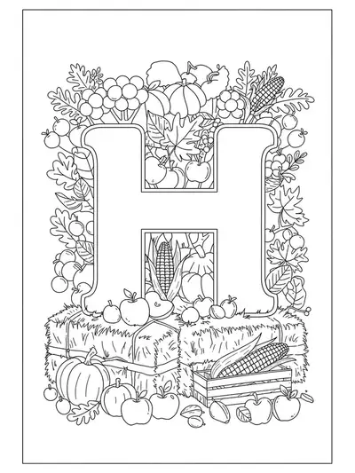 Coloring page of letter H with autumn harvest items like hay, apples, corn, and leaves for preschoolers.