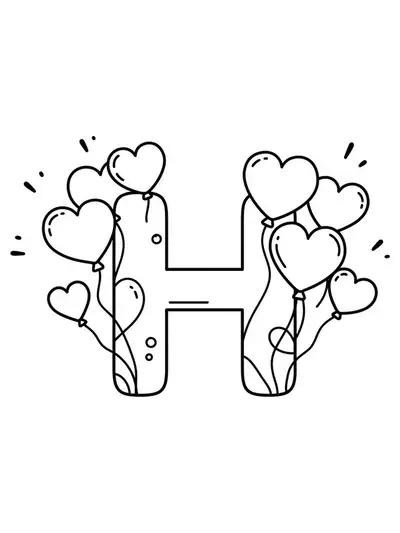 Coloring page showing the letter H surrounded by heart-shaped balloons.