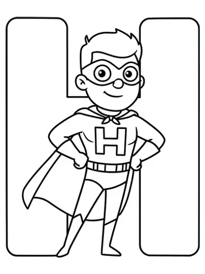 Coloring page of letter H with a cartoon superhero character for preschoolers.