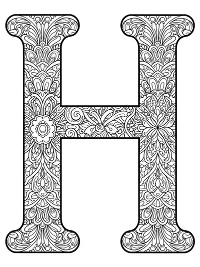 Letter H intricately decorated with historical mandala patterns and ancient motifs for adults.