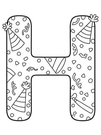 Coloring page with the letter H decorated with party hats and confetti.