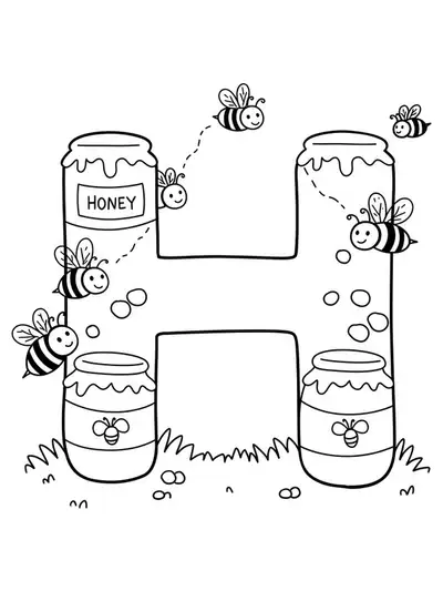 large letter H with honey pots and bees around it, easy preschool coloring page