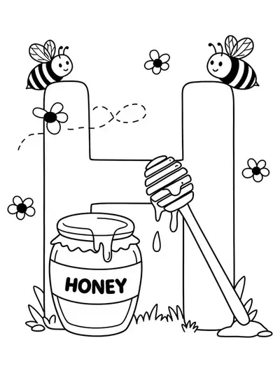 Coloring page of letter H with a honey jar, honey dipper, and bees for preschoolers.
