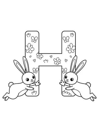 Coloring page with the letter H and two bunnies hopping around it.