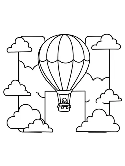 Large letter H with a hot air balloon and clouds for kids to color.
