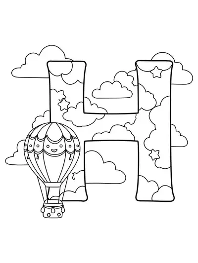 Coloring page of letter H with a hot air balloon and clouds for preschoolers.