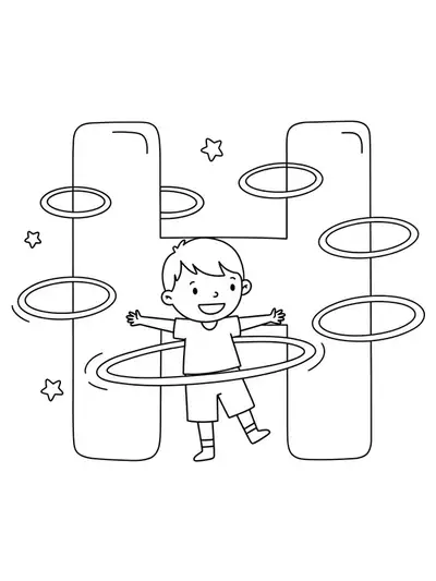Coloring page of letter H with a child playing with a hula hoop for preschoolers.