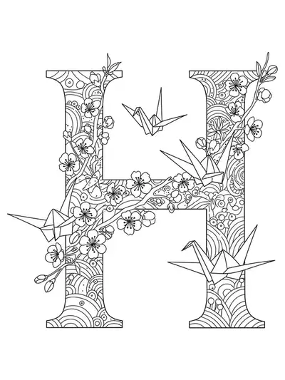Letter H with cherry blossoms and origami cranes illustrated in black and white line art for coloring