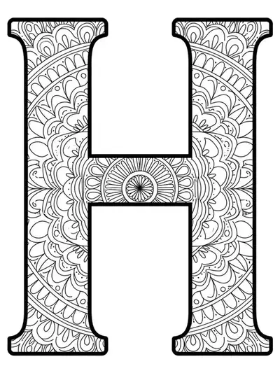 Easy mandala-themed letter H with simple, repeating circular patterns, designed for adult coloring.