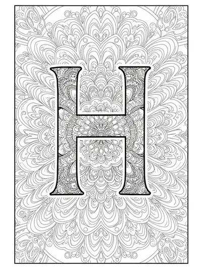 Letter H filled and surrounded by mandala patterns, suitable for adult coloring.
