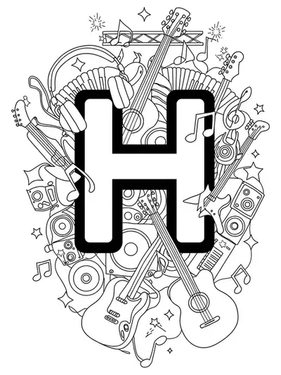 Letter H with music festival elements like guitars, speakers, headphones, and notes in black and white line art