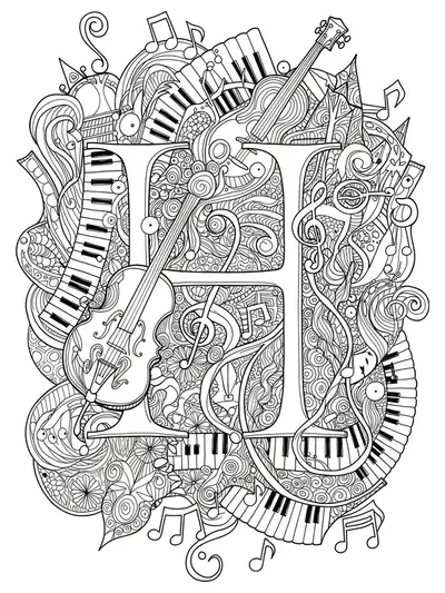 Letter H surrounded by intricate music notes, instruments, and swirling harmony motifs for adult coloring.