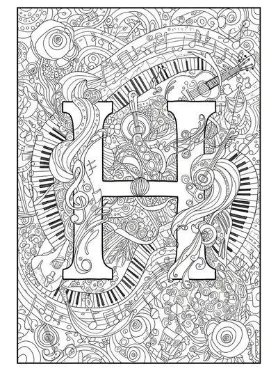 Musical themed letter H with notes, staffs, and instruments for adult coloring.