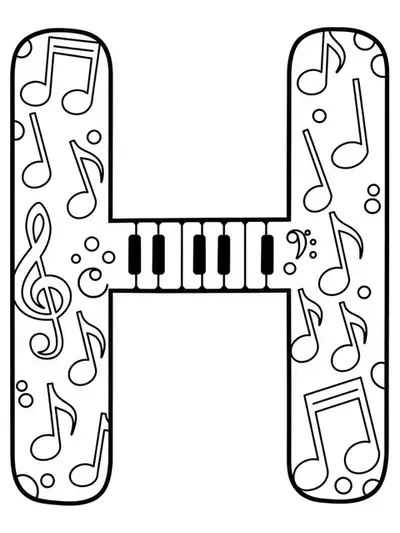 Letter H with large musical notes and symbols, suitable for easy adult coloring.