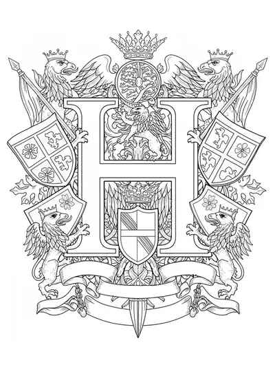 Heraldic-themed letter H with shields, banners, and griffins for adult coloring.
