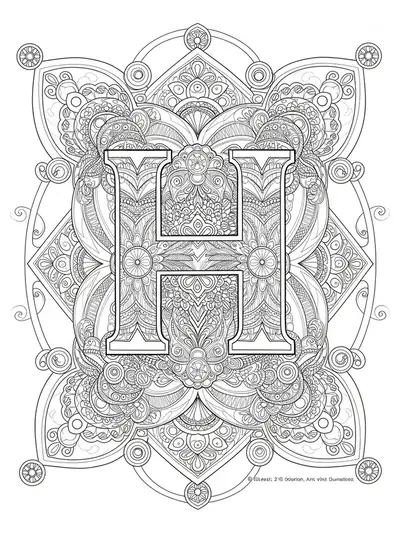Letter H embellished with sacred geometric shapes and patterns for adult coloring.