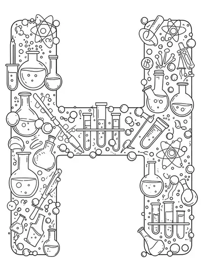 Letter H surrounded by chemistry lab equipment like beakers, test tubes, and molecules in a medium-complexity line drawing