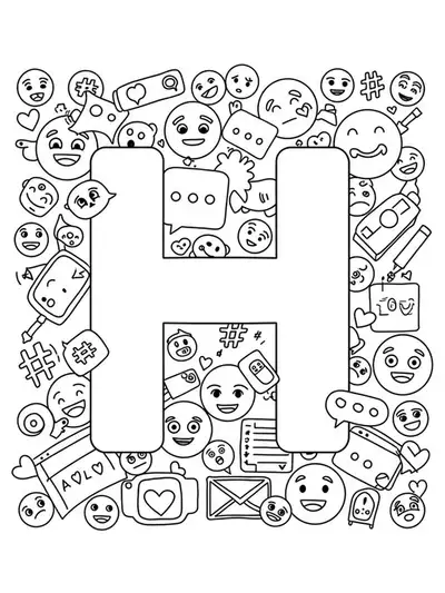Letter H with social media icons, hashtags, message bubbles, and emojis in medium-complexity black and white line art