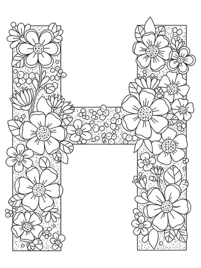 large letter H with simple spring flowers around it, easy coloring for preschool