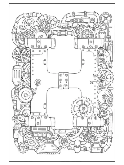 Letter H surrounded by steampunk gears, pipes, and clockwork elements in black and white medium-detail line art