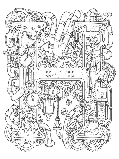 Medium complexity steampunk-themed letter H with gears and pipes for adult coloring.