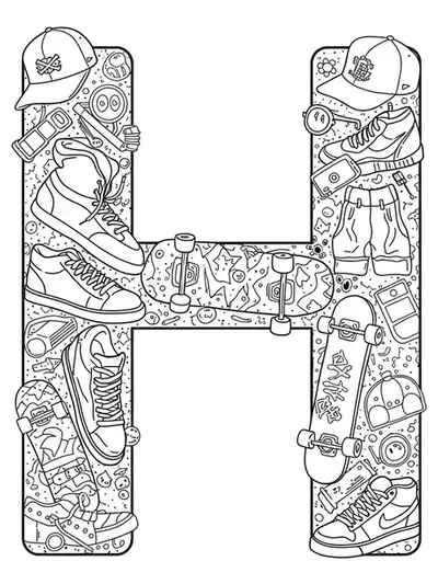 Letter H with streetwear items like sneakers, caps, hoodies, and skateboards in black and white line art