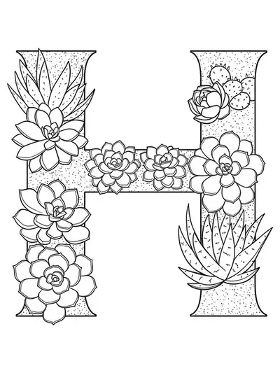 Letter H with simple succulent plant illustrations, perfect for easy adult coloring.