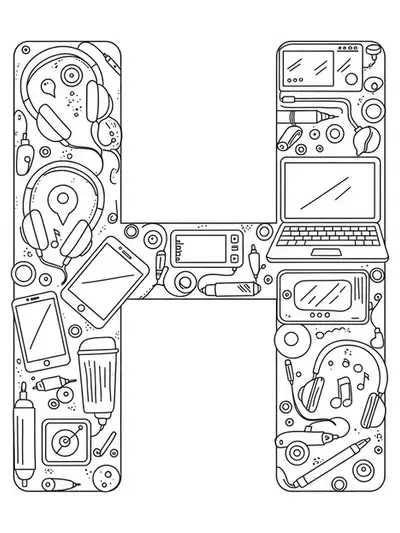 Letter H surrounded by large, simple tech gadget drawings for easy adult coloring.
