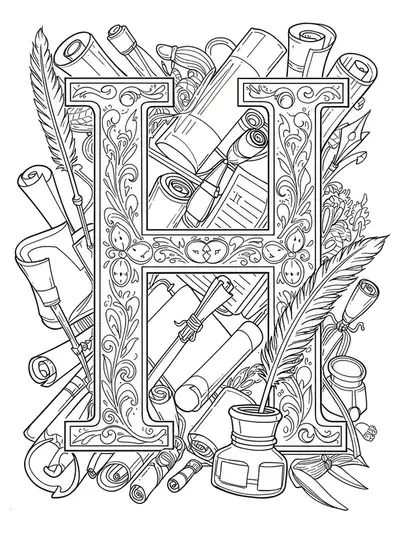 Letter H with vintage inkwells, quills, and scrolls for adult coloring.