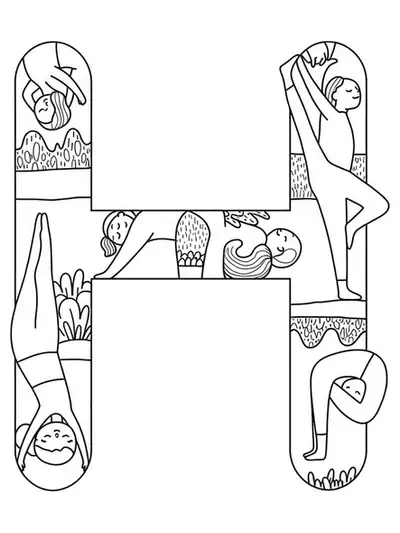Letter H with large, simplified yoga pose silhouettes, suitable for adult coloring.