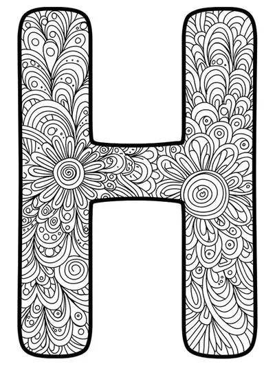 Printable letter H with straightforward zen doodle patterns, perfect for easy adult coloring.