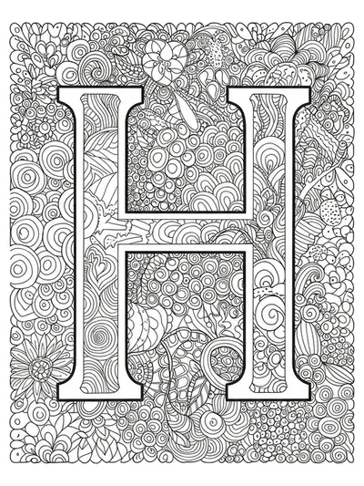 Letter H and background filled with intricate zen tangle and doodle patterns for adult coloring.