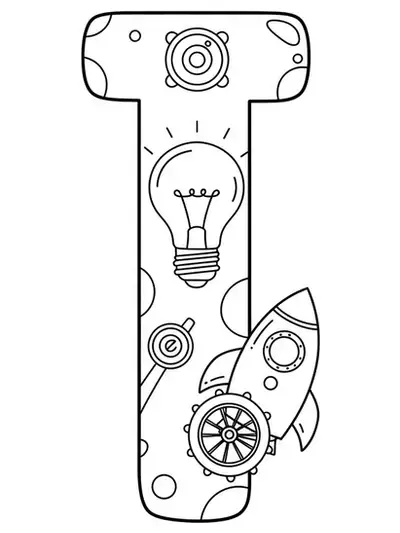 Large letter I with drawings of a light bulb, wheel, and rocket around it.