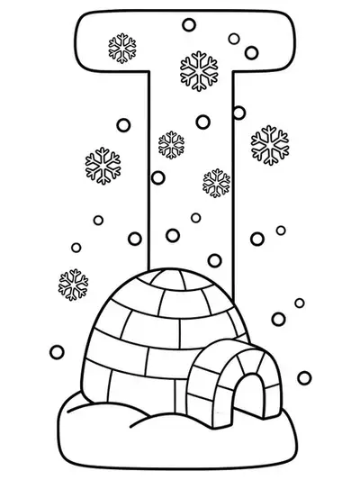 Letter I with an igloo and snowflakes, easy winter coloring page for kids