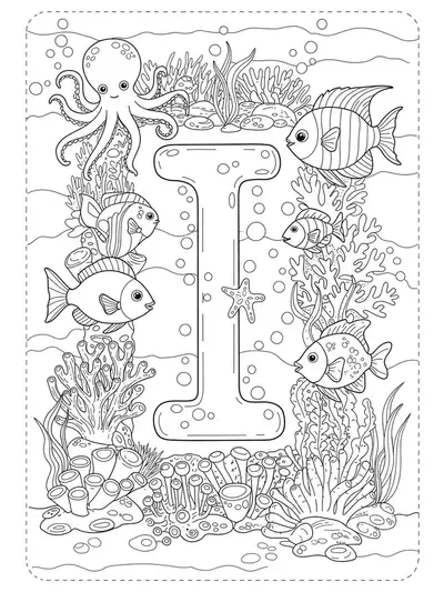 Letter I surrounded by fish, octopus, coral reefs, and bubbles in an underwater scene, hard preschool coloring.