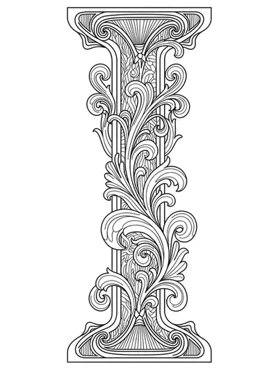 Elaborate Art Nouveau style line art with the letter I, featuring swirling floral and architectural motifs.