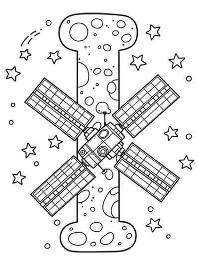 Letter I with a cartoon International Space Station and stars, easy coloring page
