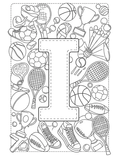 Letter I decorated with soccer balls, basketballs, tennis rackets, and sports patterns, hard preschool coloring.