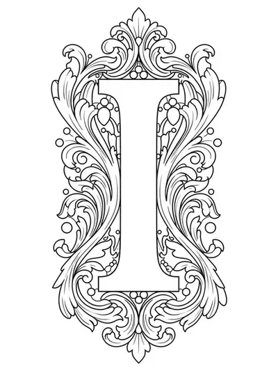 Letter I embedded in ornate baroque filigree, scrollwork, and decorative ornaments.